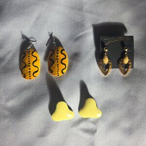Vintage 1980s Pierced Earrings, Yellow & Gold, Set of 3